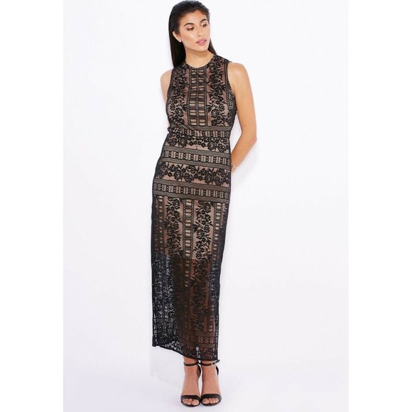 Miss Selfridge Dress Maxi Black Floral Lace Sleeveless Open Back Slits - Picture 2 of 13